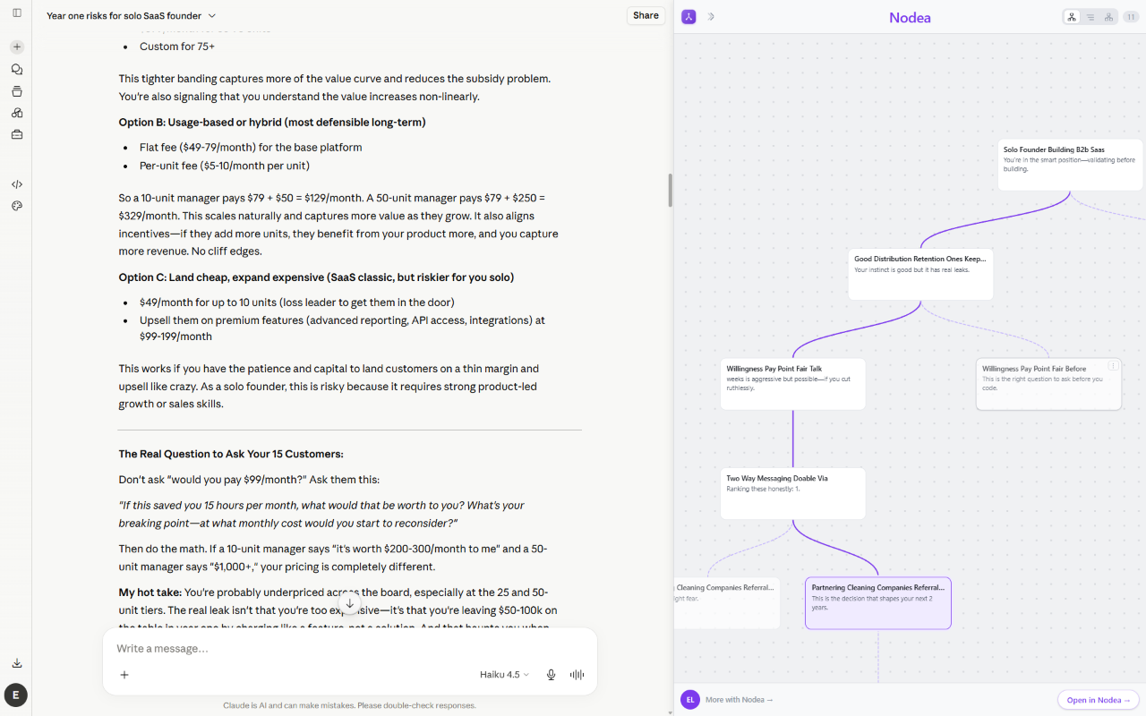A Claude.ai conversation with the Nodea Tree for Claude panel open beside it, showing the same chat rebuilt as a branching tree of nodes.